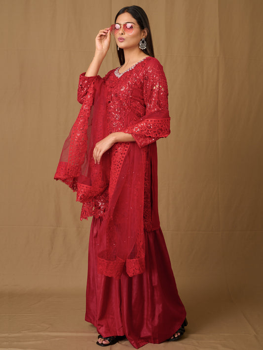 Royal Red Sequence Kameez With Sharara Salwar Suit Set