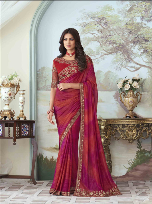 Royal Orange And Maroon Indian Saree With Beautiful Maroon Blouse Having Copper Silk Thread