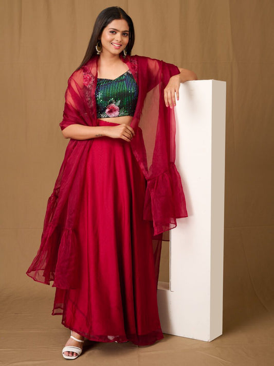 Wedding Style Beautiful Designer Lehenga Choli With Green Sequin Blouse And Brown Dupatta