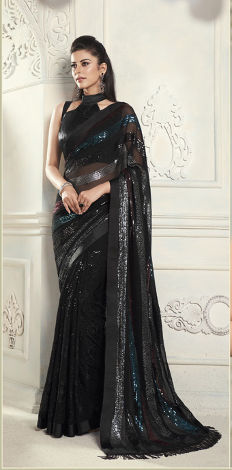 Stunning Black Bollywood Style Designer Saree With Multicolor Sequence Work