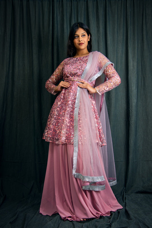 Elegant Pink Sequin Embroidered Frock Style Designer Lehenga