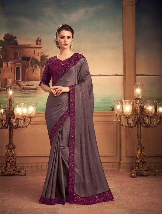 Stylish Silk Mahogany Indian Saree With Floral Thread Work And Sequence Work