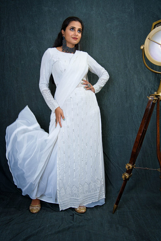 Half-white Colour Long Top Lehenga For Women With Dupatta