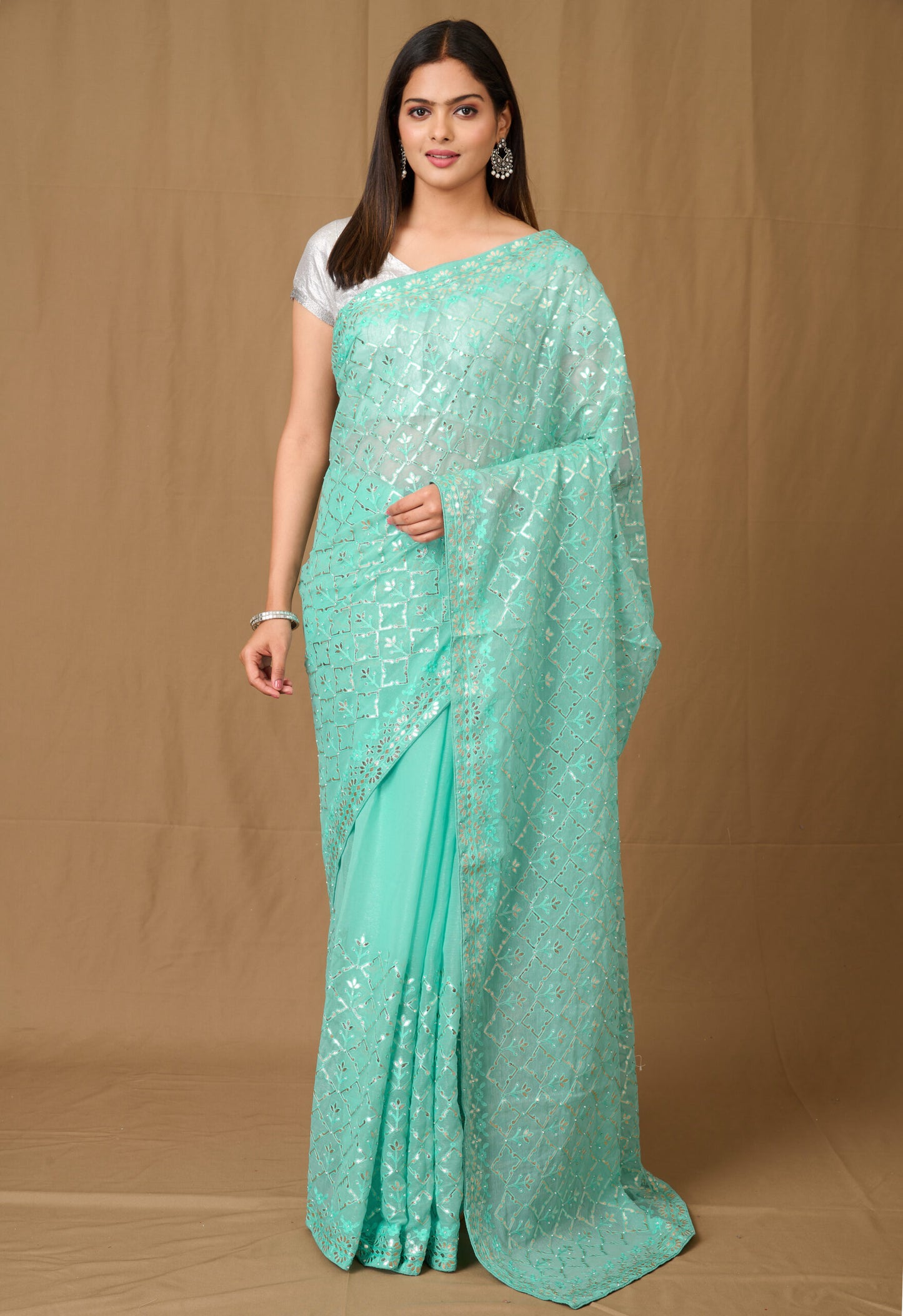 Beautiful Sky Blue Color Designer Saree With Gota Patti And Machine Thread Work