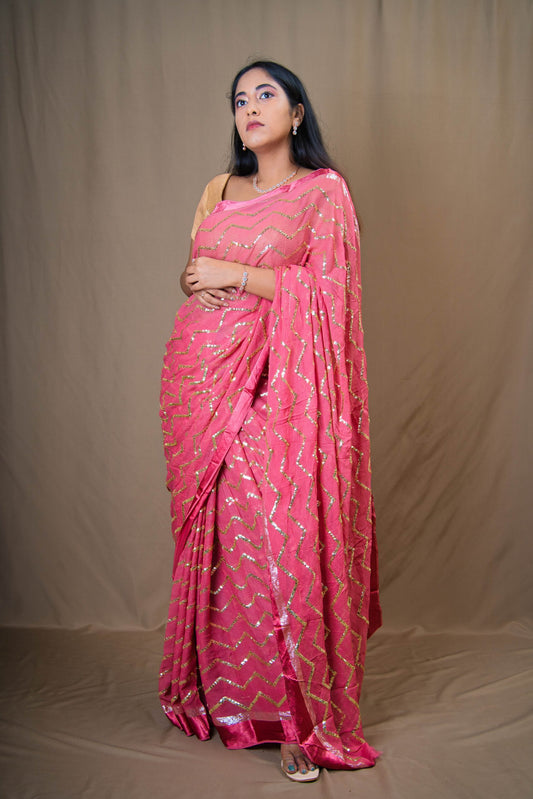 Cherry Pink Indian Saree With Brocade Gold Prince Cut Blouse