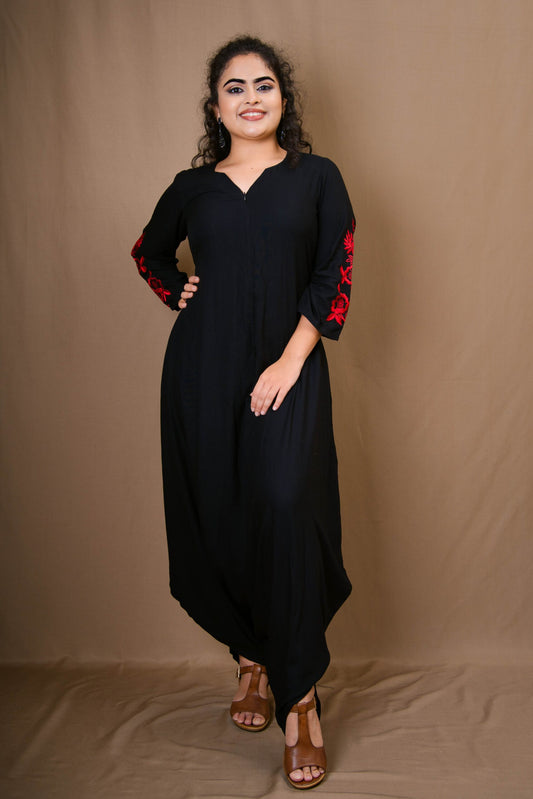 Rion Cowl Style Designer Kurti (jumpsuit) With Embroidery Work