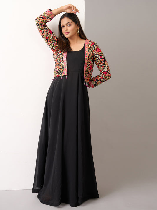 Kashmiri Style Black Gown With Sequence Multicolor Work