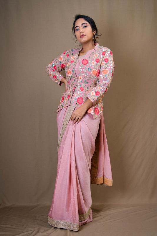 Elegant Chinon Silk Designer Saree With Prince Cut Coat Styled Blouse