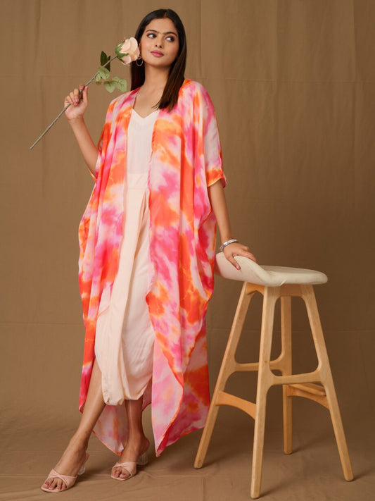 Peach Rayon Cotton Dhoti Jumpsuit With Gradient Look And Coaty