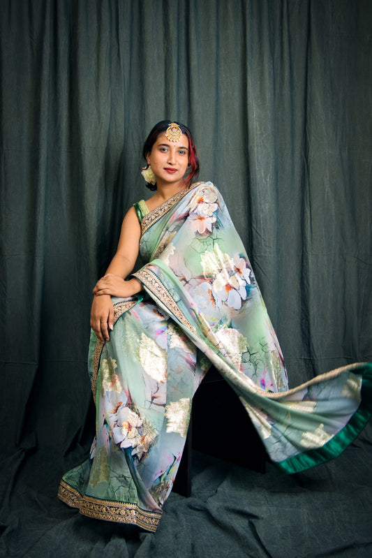 Elegent Green Georgette Indian Saree With Multicolor Floral Design