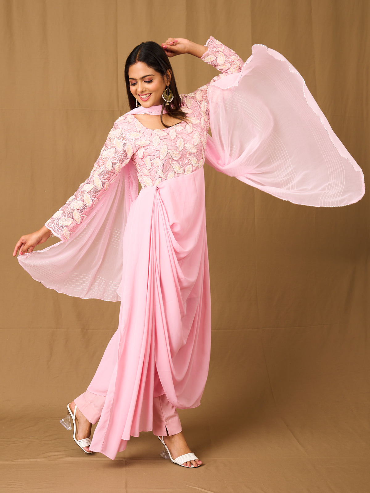 Fancy Baby Pink Embroidered Bandni Top With Plain Salwar Suit Set