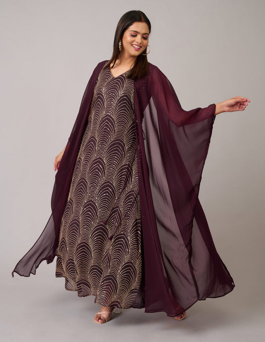 Pretty Arabian Style Wine Color Long Kaftaan Gown