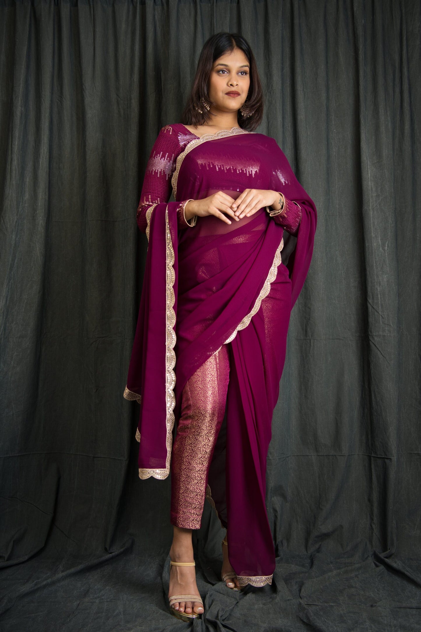 Elegent Wine Attached Designer Saree With Sequence Work