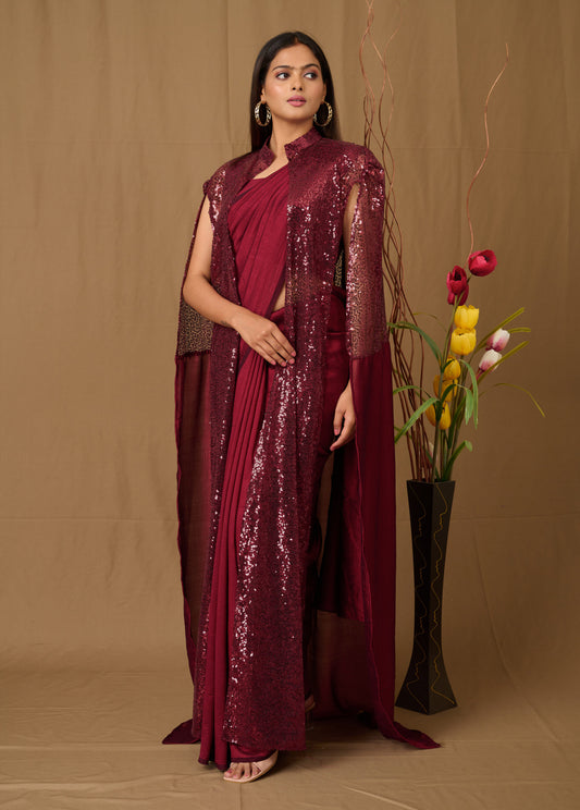 Maroon Designer Saree With Princess Style Long Shrug With Sequence Work