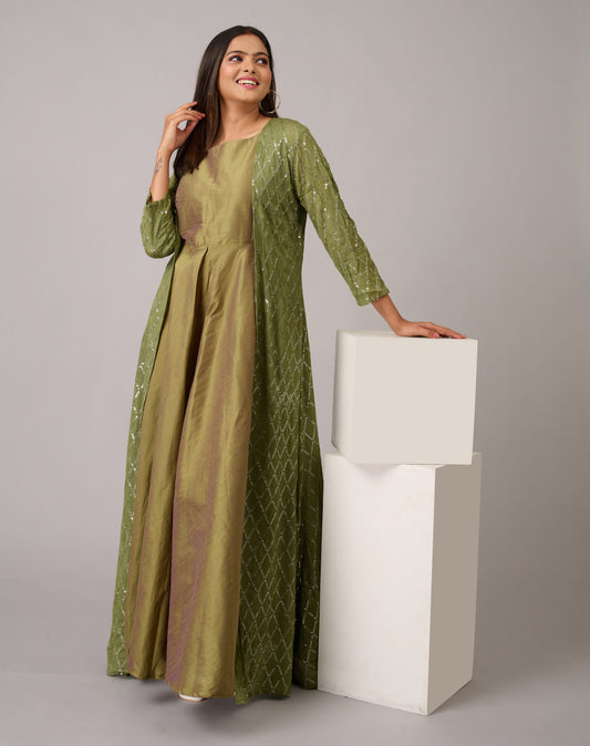 Stylish Emerald Green Gown With Chanderi Silk And Sequence Work