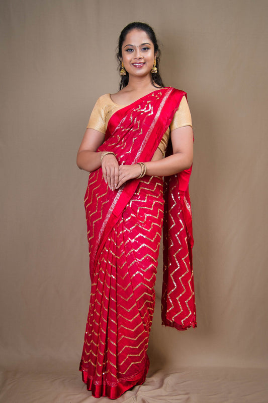 Pretty Rose Red Designer Saree With Sequence Work