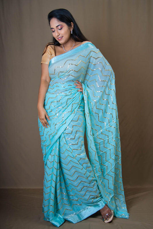 Pretty Turqoise Blue Color Designer Saree With Heavy Sequence Work