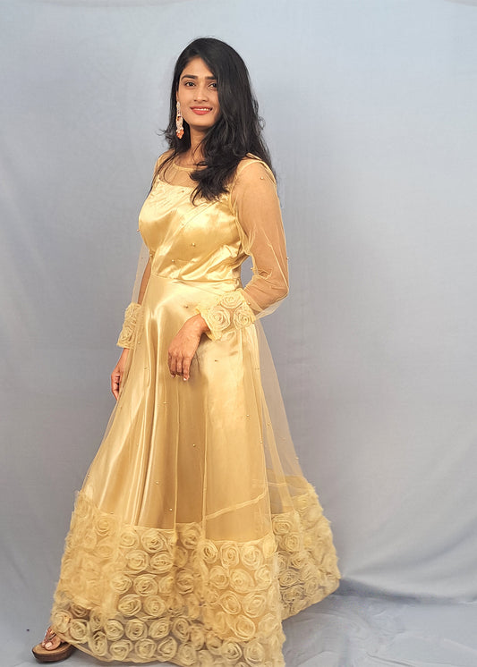 Gold Coloured Gown With Designed Flair
