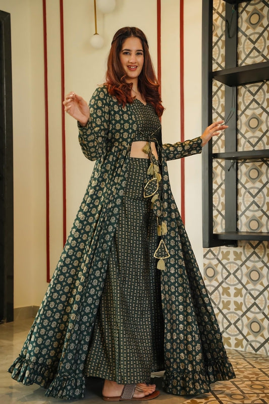 3-piece Koti Style Indo-Western Suit of printed crop top, Palazzo and parallels paired with a beautiful printed shrug set collection