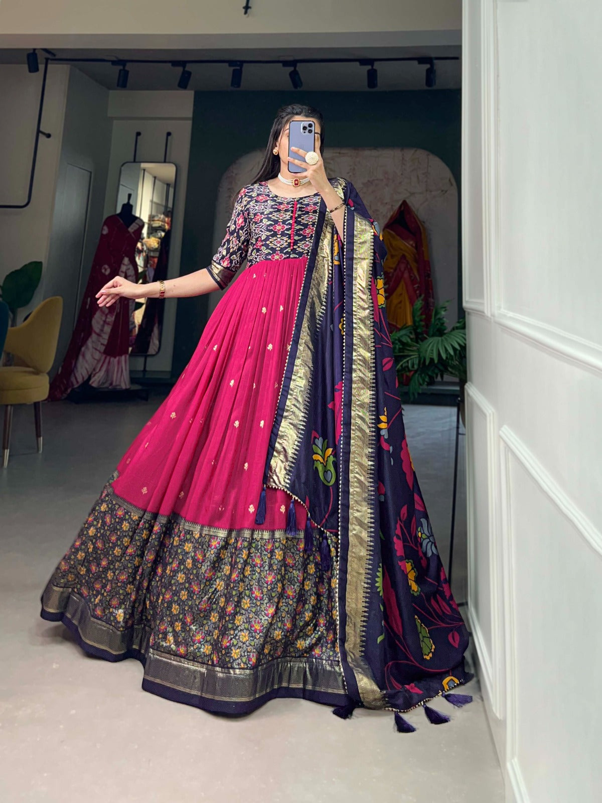 Tussar silk foil printed gown with intricate patola and floral print patterns