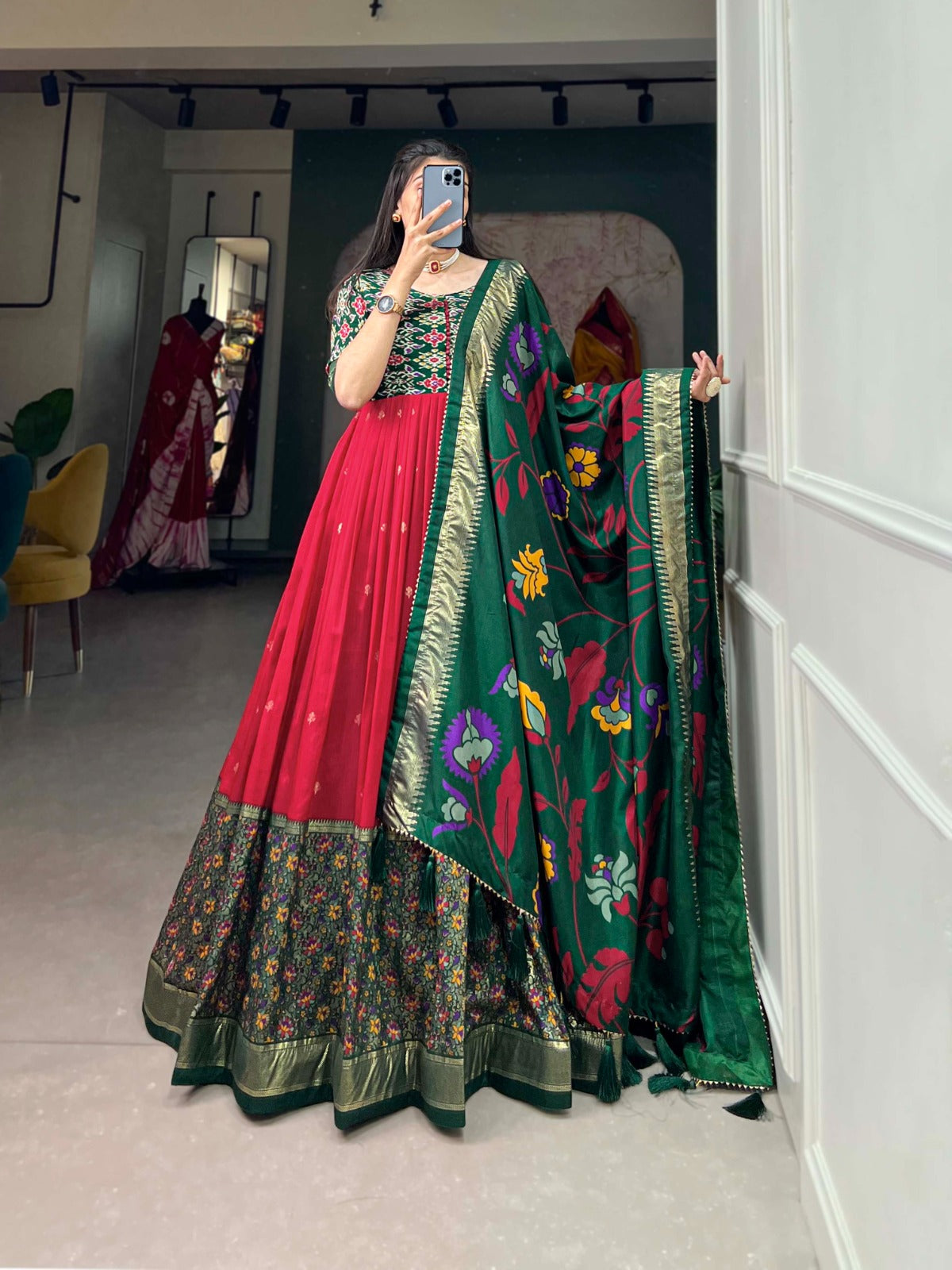 Tussar silk foil printed gown with intricate patola and floral print patterns