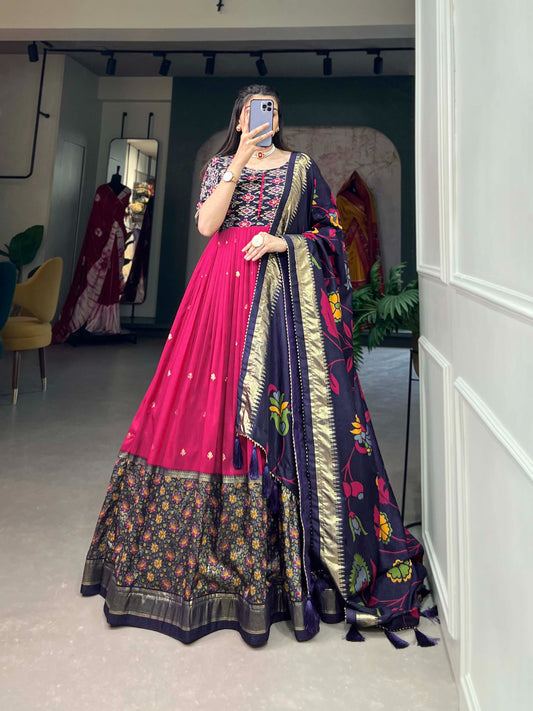 Tussar silk foil printed gown with intricate patola and floral print patterns