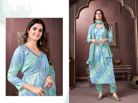 PREMIUM BLUE  RAYON TOP AND PANT WITH DUPATTA