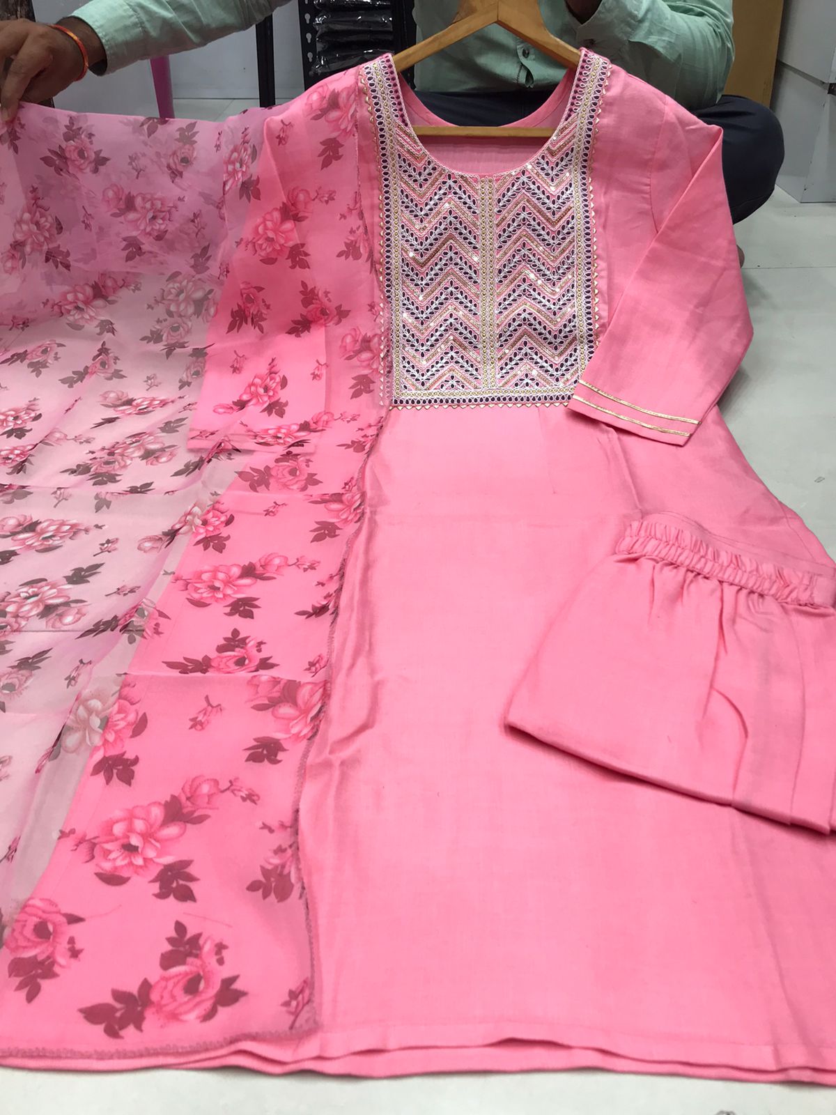 Cotton  Baby Pink Kurti with Embroidery with Pant and Organza Printed Dupatta Set
