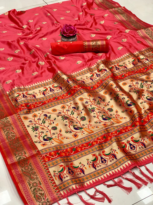 Beautiful soft Kanchi Paithani saree with Peacock butties with gold zari weaving All over the saree to give rich and unique look