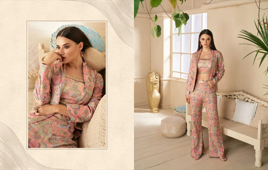 AMAZING PREMIUM SILK BLOUSE WITH PANT AND SHORT COAT WITH PRINTED EMBROIDERY