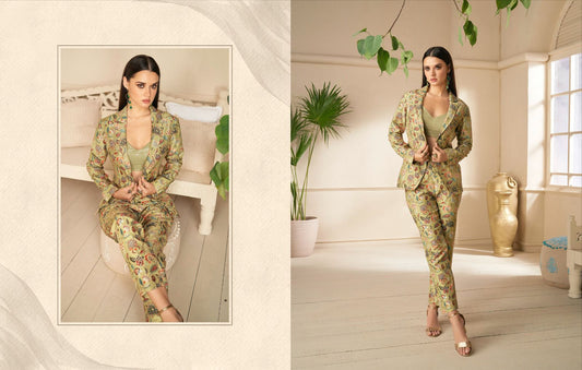 AMAZING PREMIUM SILK BLOUSE WITH PANT AND SHORT COAT WITH PRINTED EMBROIDERY
