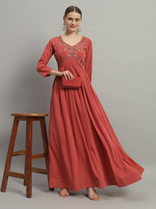 LONG FANCY GOWN WITH HEAVY HAND WORK ON TOP