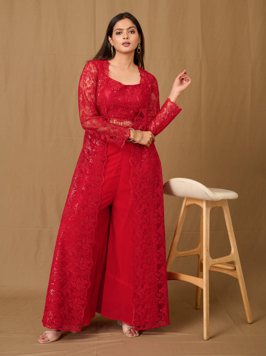 Beautiful Red Blouse And Plazzo Salwar Suit Set With Long Shrug