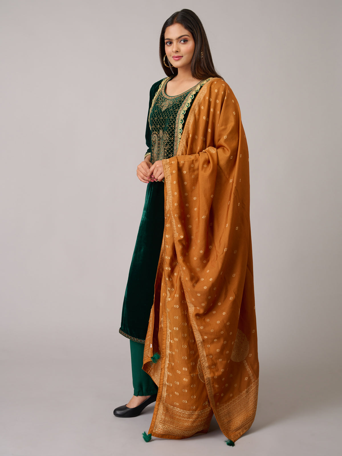 BEAUTIFUL EMBROIDERY DARK GREEN VELVET TOP WITH PLAZO SUIT SET