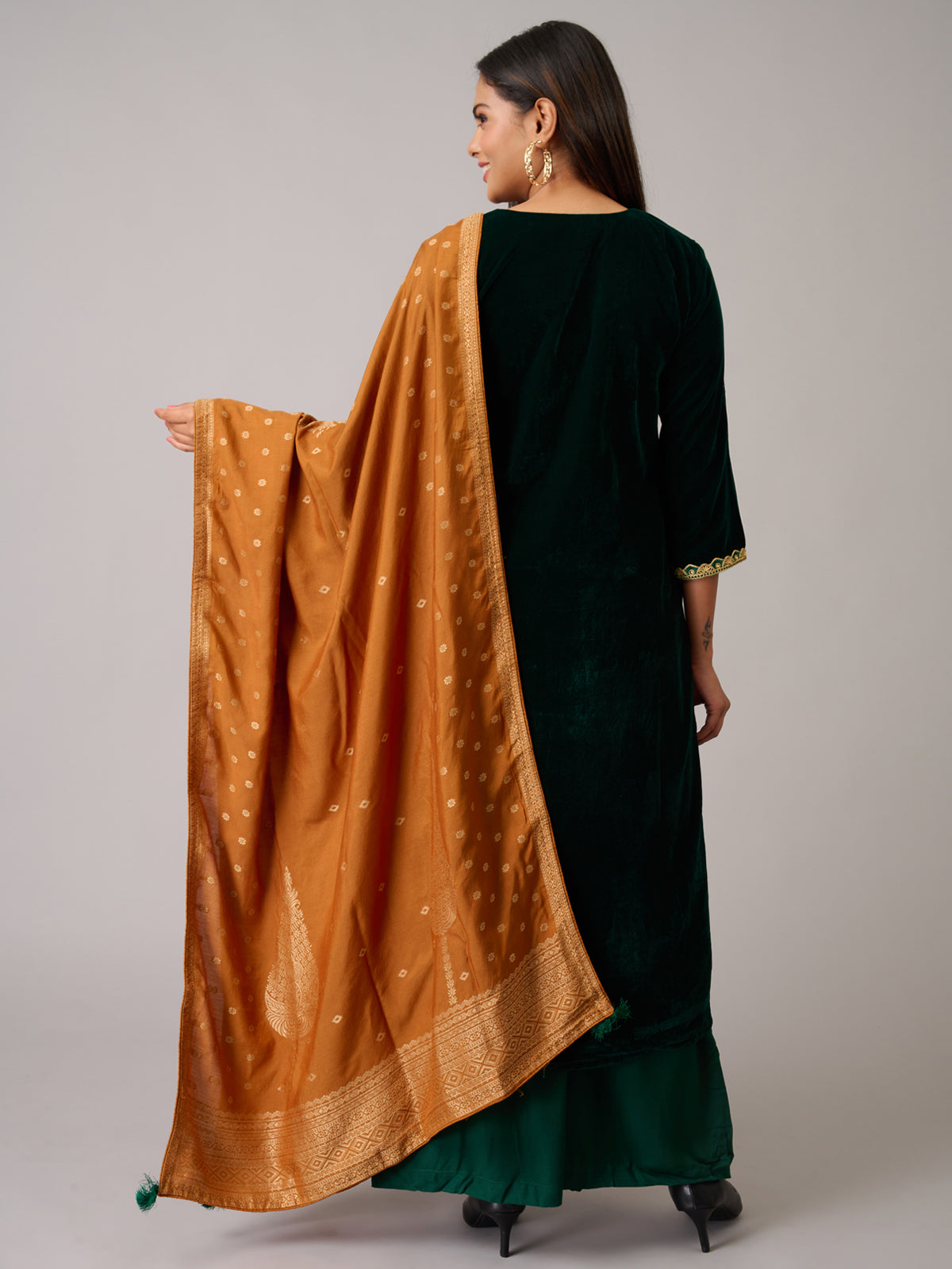 BEAUTIFUL EMBROIDERY DARK GREEN VELVET TOP WITH PLAZO SUIT SET