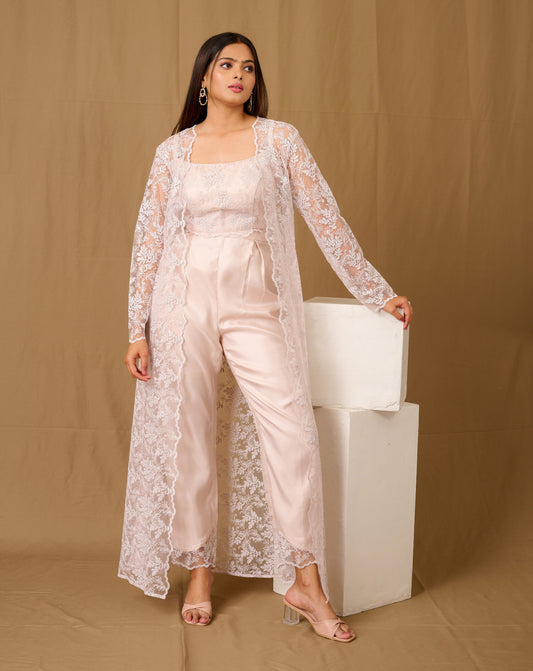 Beautiful nude blouse with satin lining and pant set with coaty