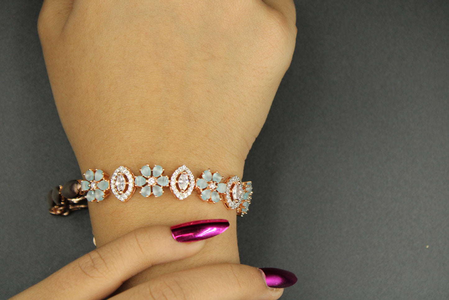 Flower pattern & white and mint blue American Diamond Bracelet