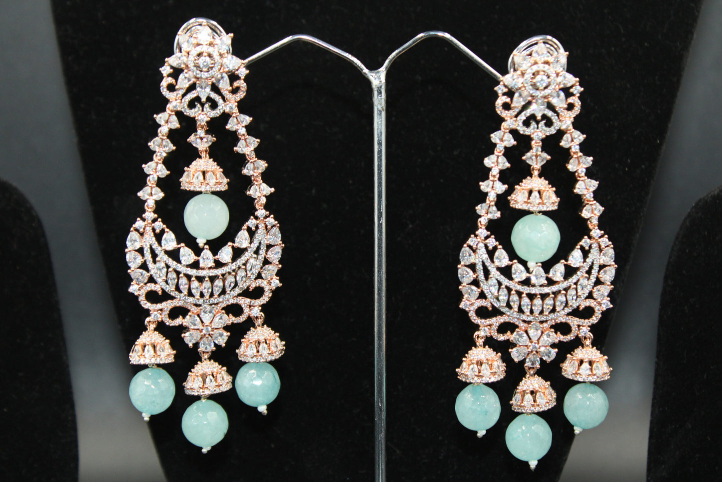 Rose-gold plated sky blue stones Jhumka American Diamond earrings