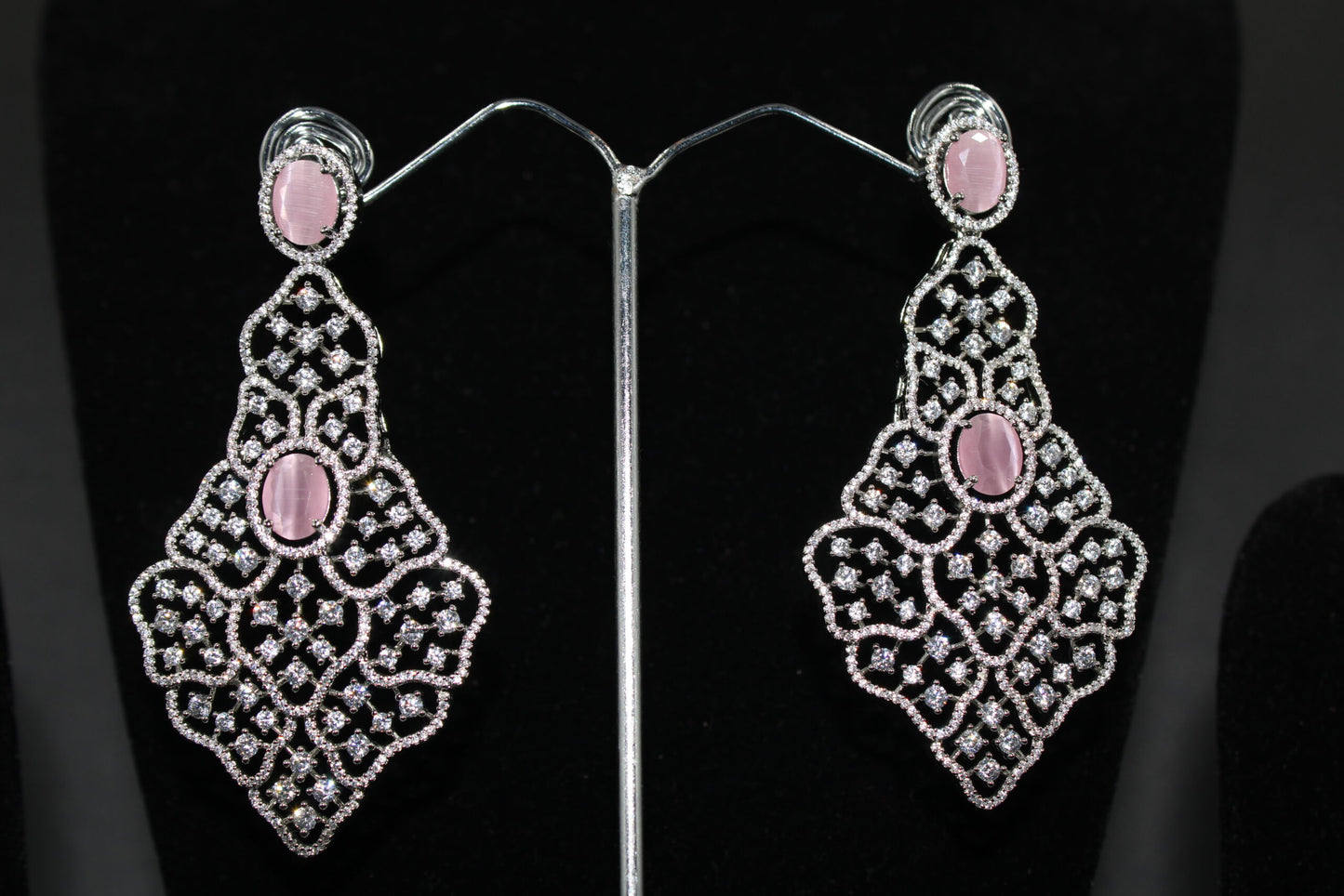 Classic design white polished & light pink American Diamond earrings