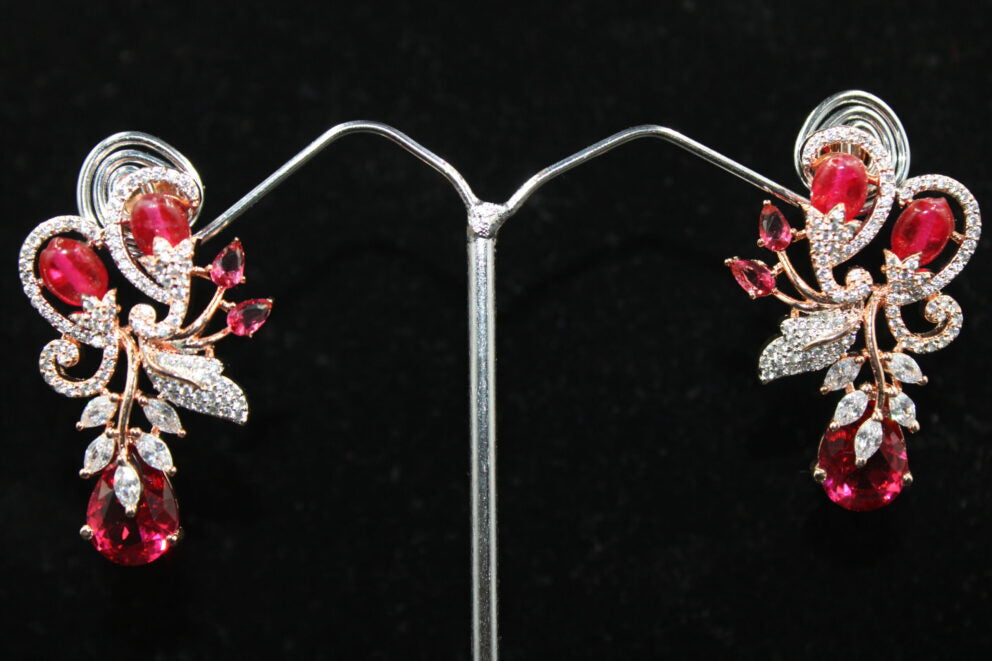 Fancy stud American Diamond Earring with Red Stones