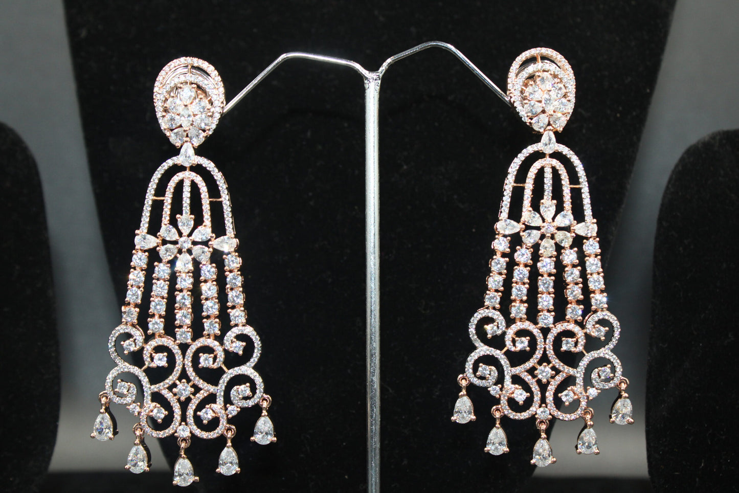 Rose gold american diamond long earrings in floral design