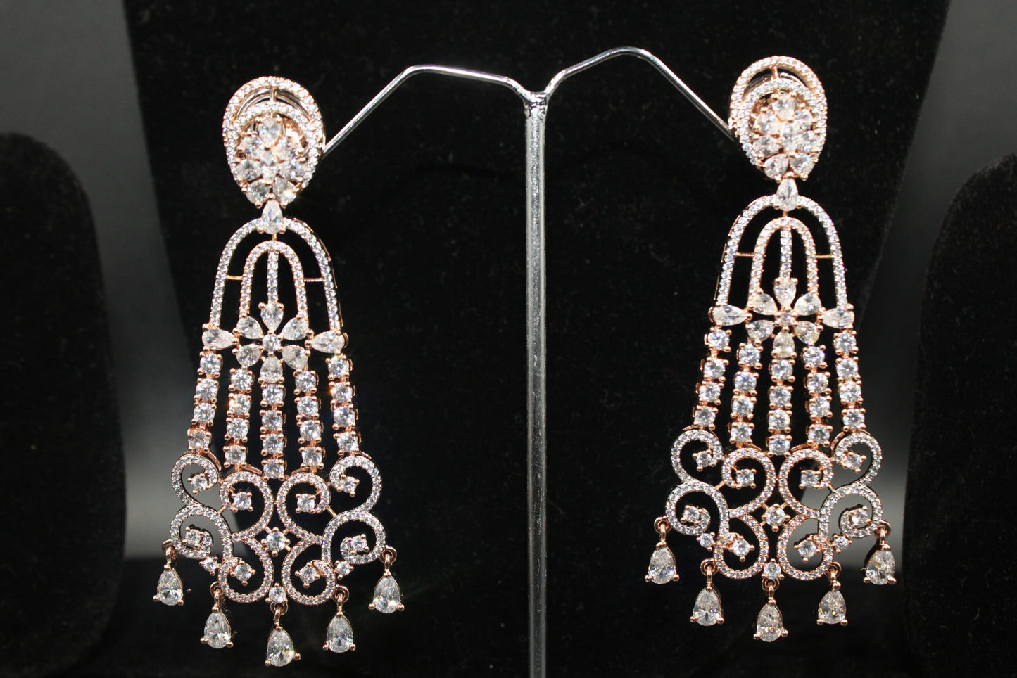 Rose gold american diamond long earrings in floral design