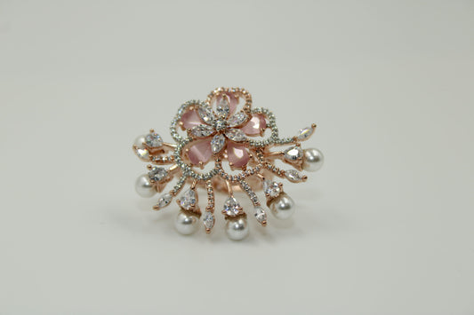 Flower design american diamond ring with light pink stones