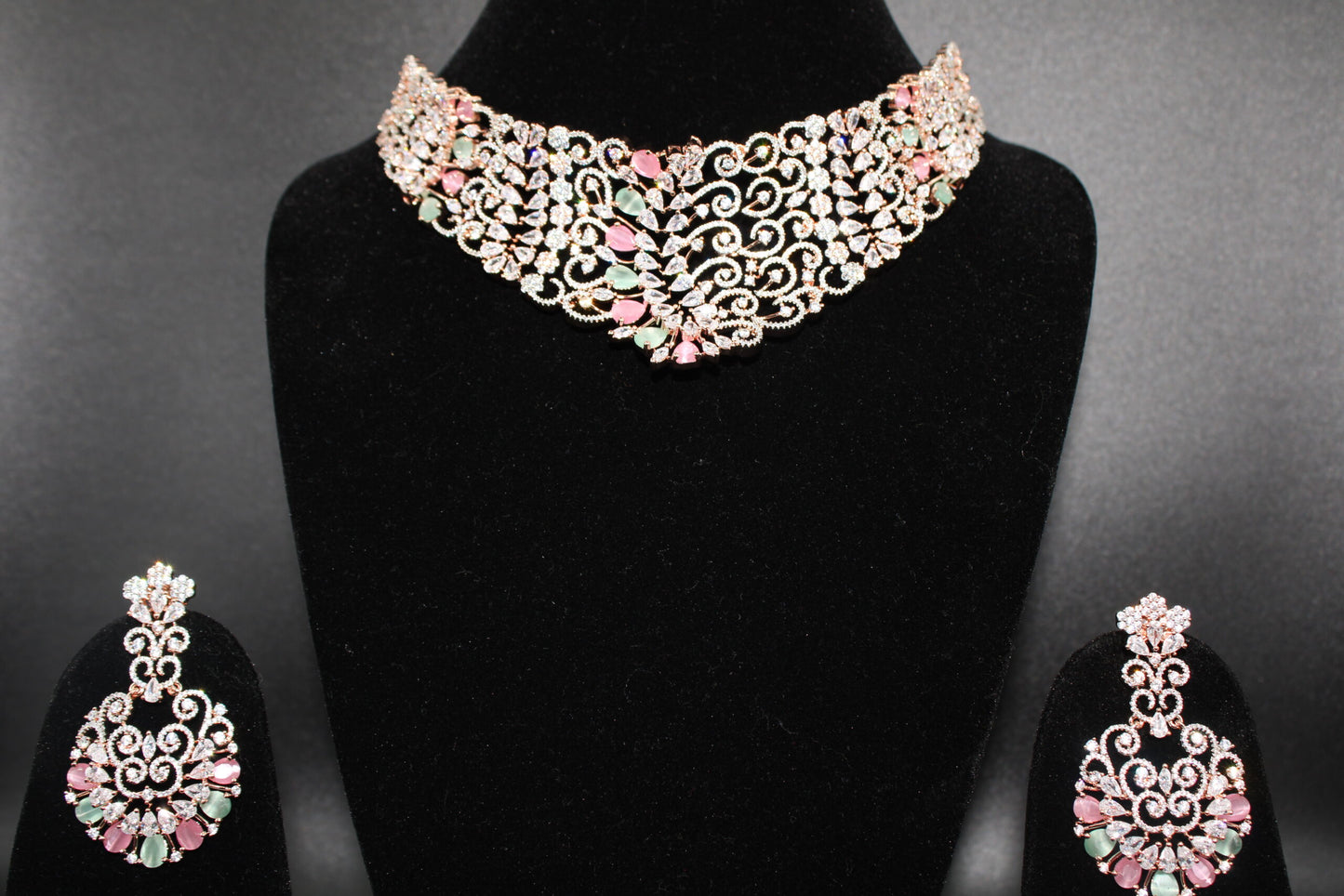 Trendy American diamond necklace set with Fancy design- Rose polish base.