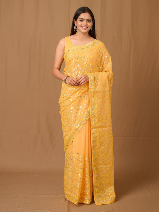 Beautiful yellow heavy work Designer saree with gota patti and blouse with tassels